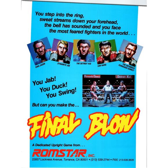 Final Blow 1980s Romstar Arcade Game Flyer Boxing Fighters Guide - Picture 1 of 2